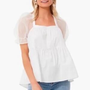 Pomander Place Tuckernuck Tinsley White Sheer Puff Sleeve Blouse Top Small